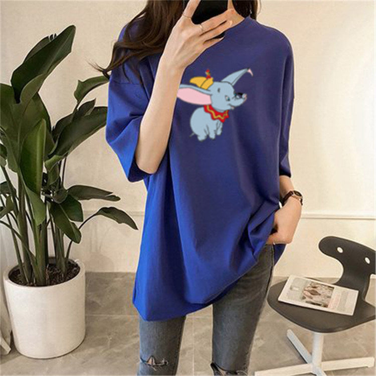 women's fashion new cartoon print long loose short-sleeved t-shirt