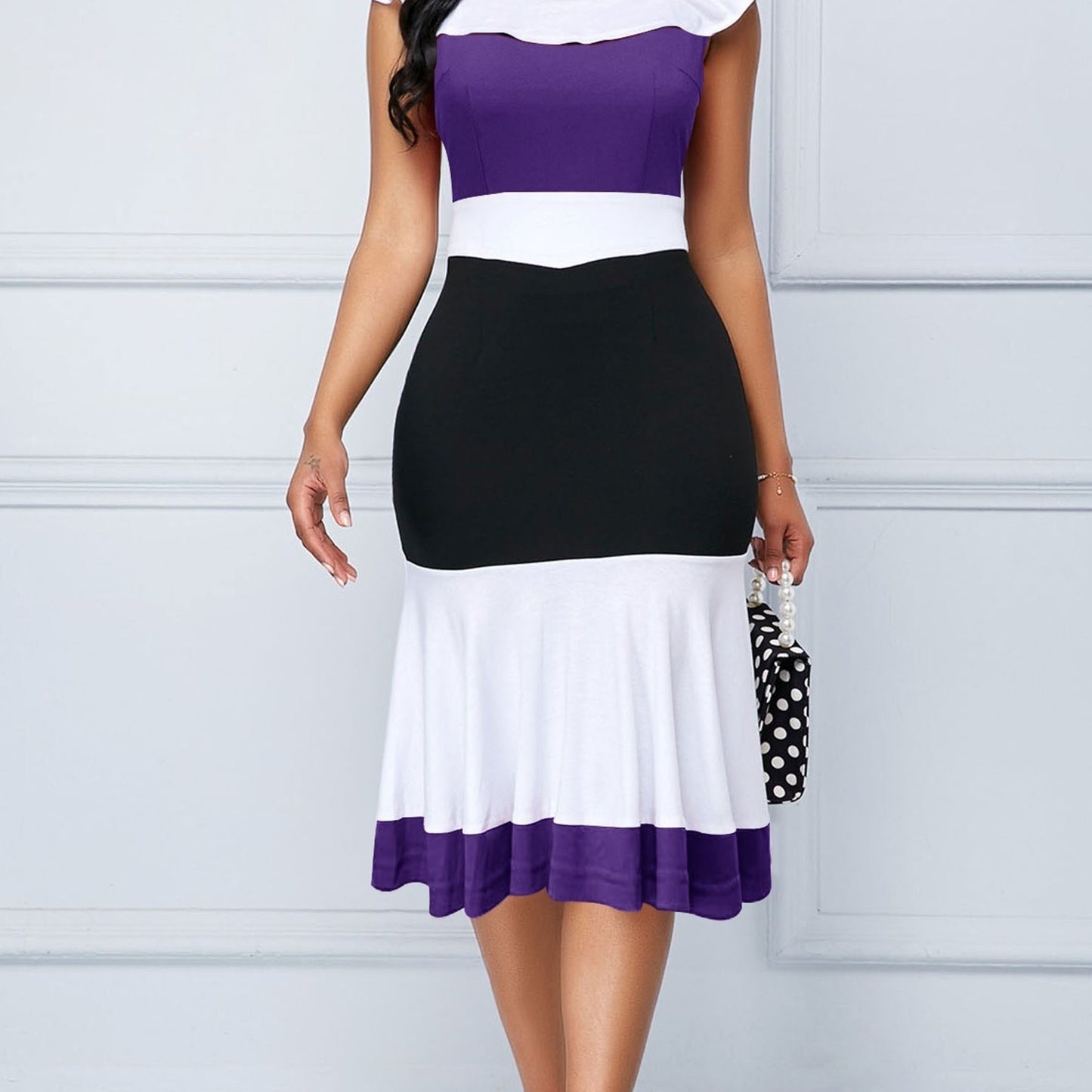 Color Block Ruffle Trim Slim Dress; Sleeveless Pencil Dress For Spring & Summer