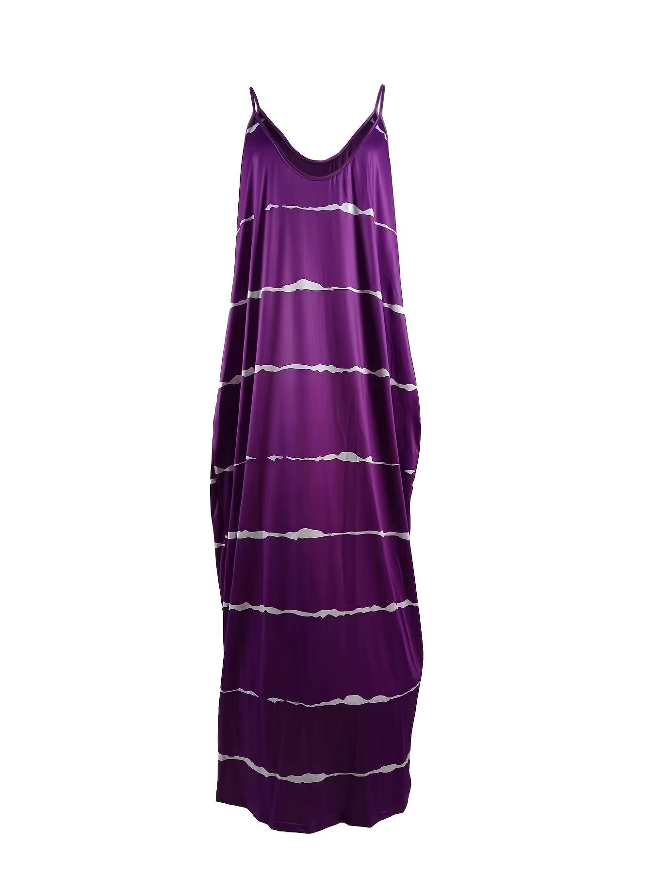 Plus Size Strip Print Cami Maxi Dress With Pockets; Women's Plus Slight Stretch V Neck Casual Long Dress