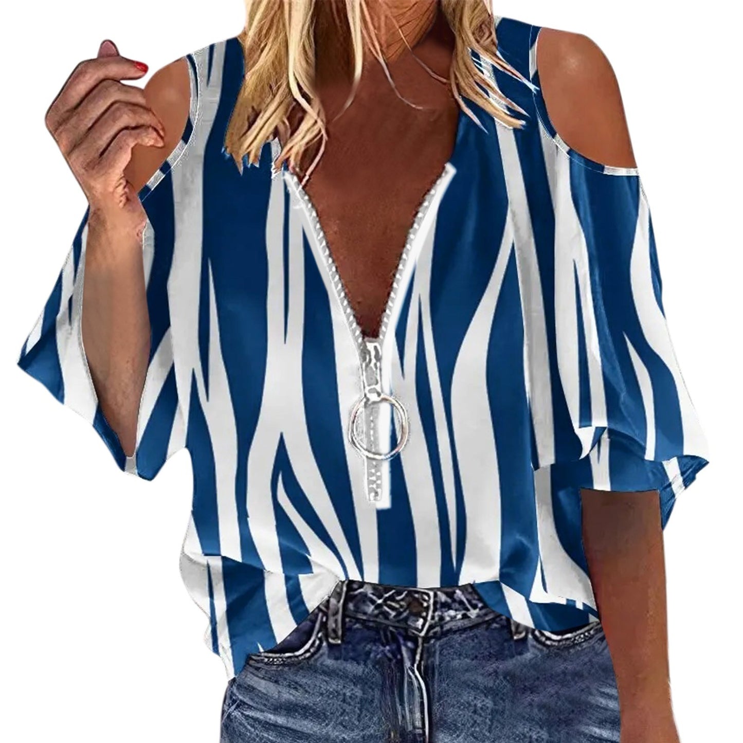 Elegant Off Shoulder Shirt Blouse Women Casual Letter Print V Neck Zipper Tops Patchwork Loose Shirt Top Long Sleeve Blouse