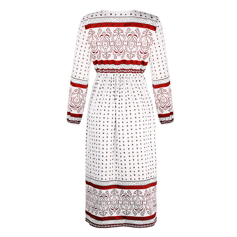 Summer New European and American Style Women's Deep V Printed Long-sleeved Dress