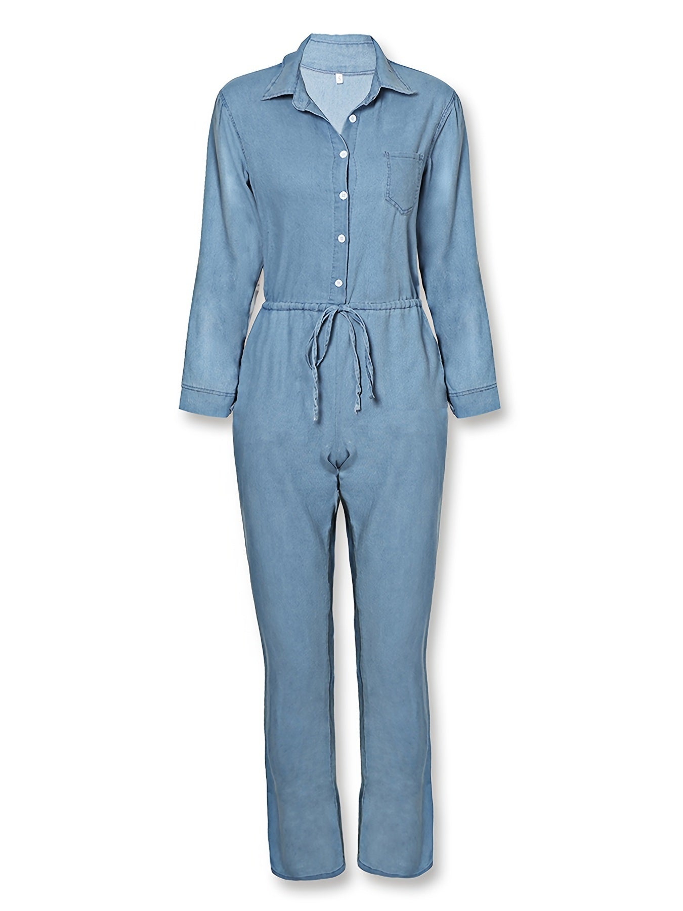 Denim Print Drawstring Waist Jumpsuit; Casual Slant Pockets Long Sleeve Button Down Jumpsuit