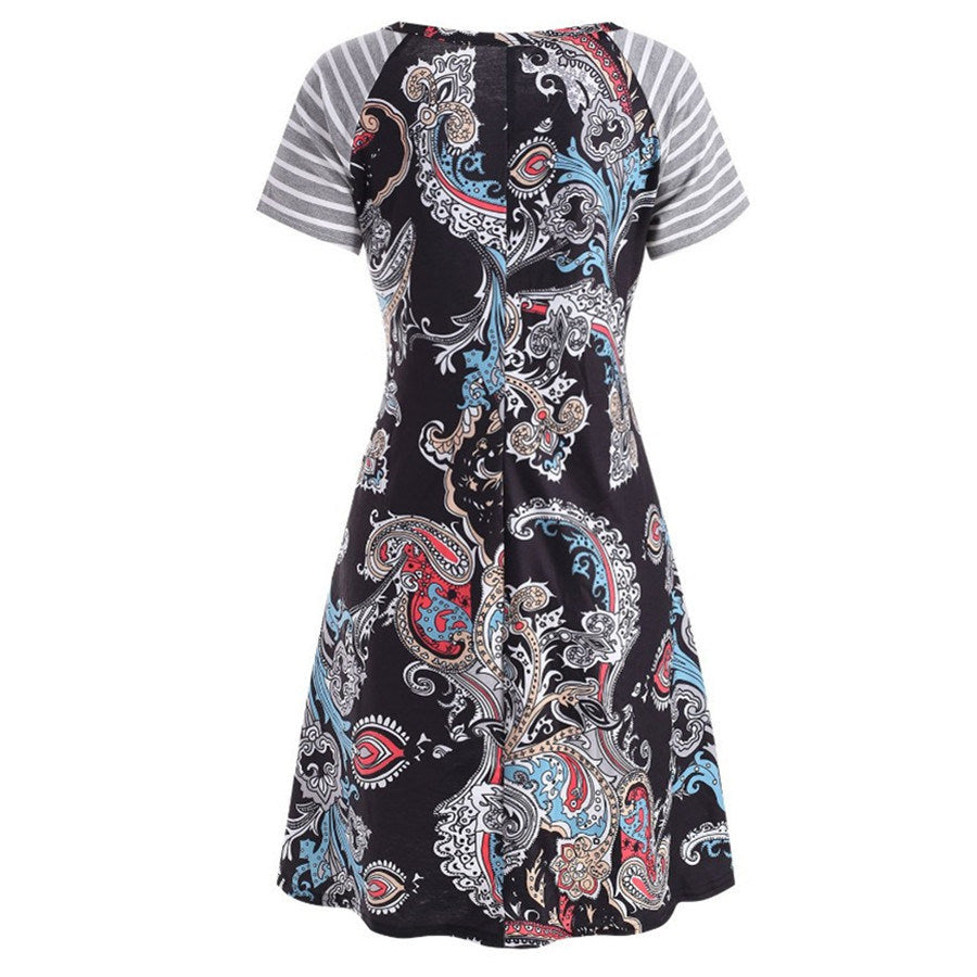 European and American summer women's new round neck print raglan sleeve dress