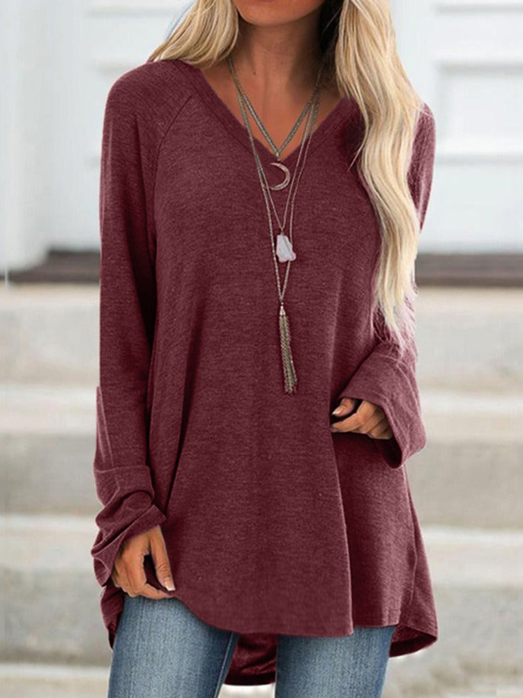 Autumn Hot Sale Solid Color Casual Large Size V-neck Loose Long-sleeved Pullover T-shirt Mid-length