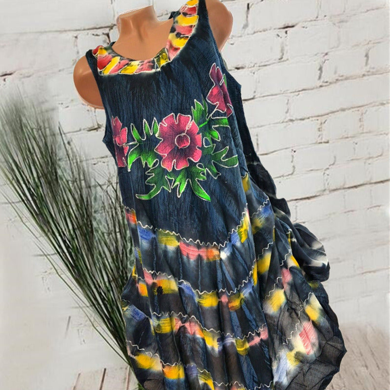 European and American women's fashion new loose sleeveless print dress