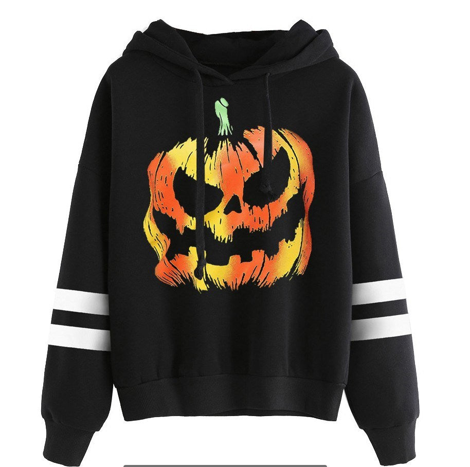 new European and American Halloween pumpkin print plus velvet hooded sweater women