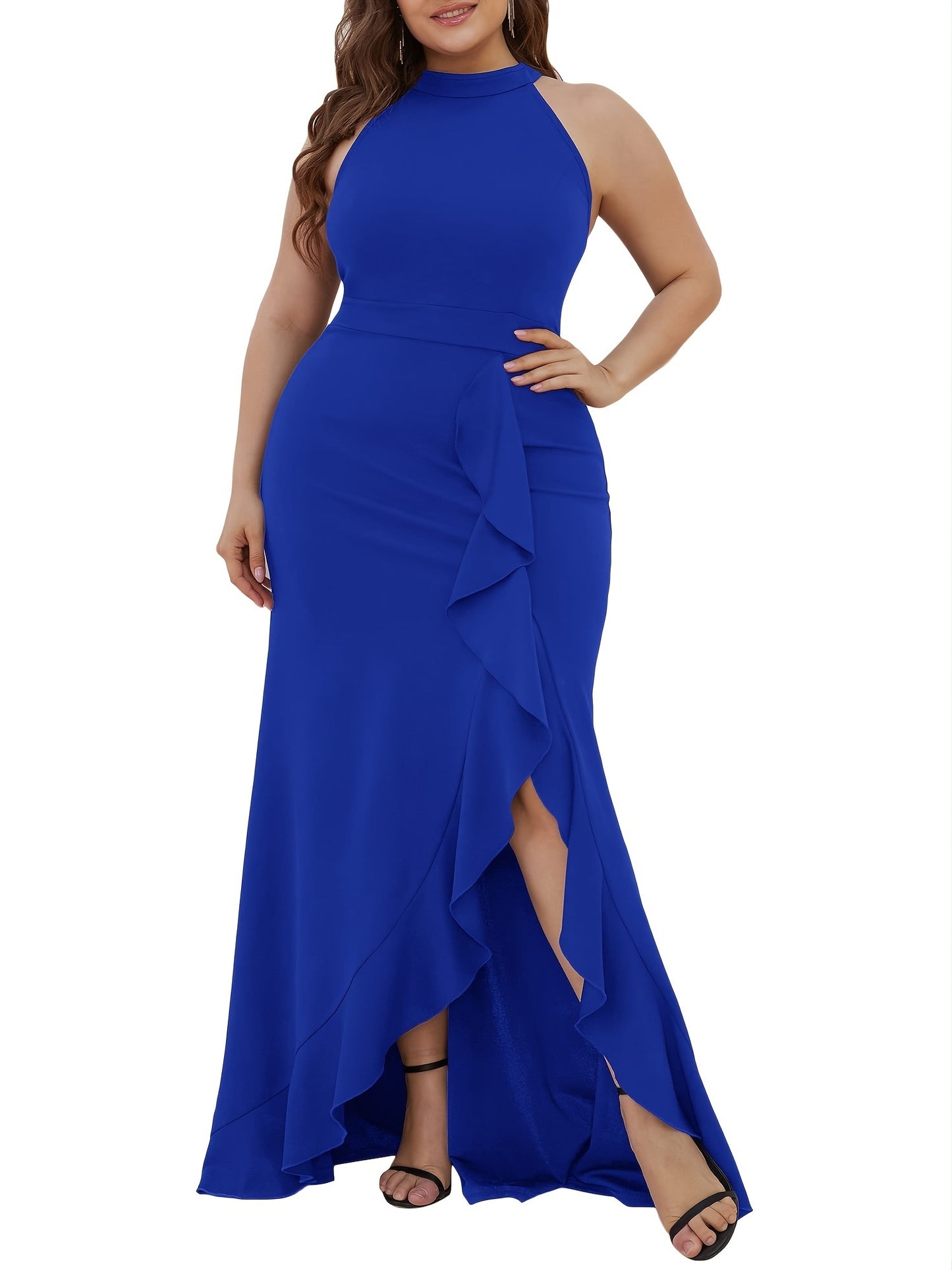 Plus Size Solid Ruffle Trim Split Hem Halter Neck Dress; Women's Plus Party; Events Elegant Maxi Prom Dress