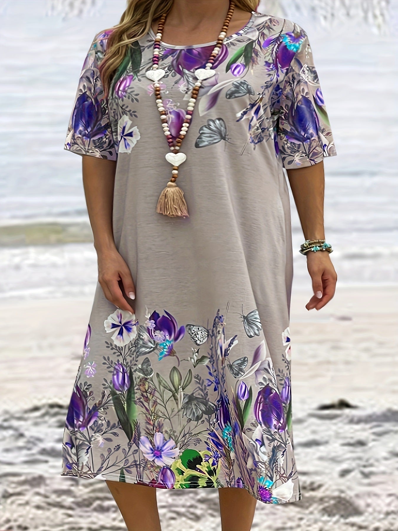 Plus Size Elegant Dress; Women's Plus Floral Print Round Neck Short Sleeve Midi Dress With Pockets