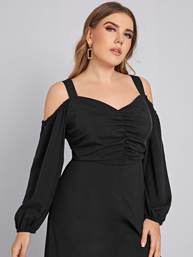 Spring Summer Autumn Plus Size Midi Sling Slit Dress XL-4XL Women Vintage Black Fashion Elegant Long Sleeves Pleated Loose Hem