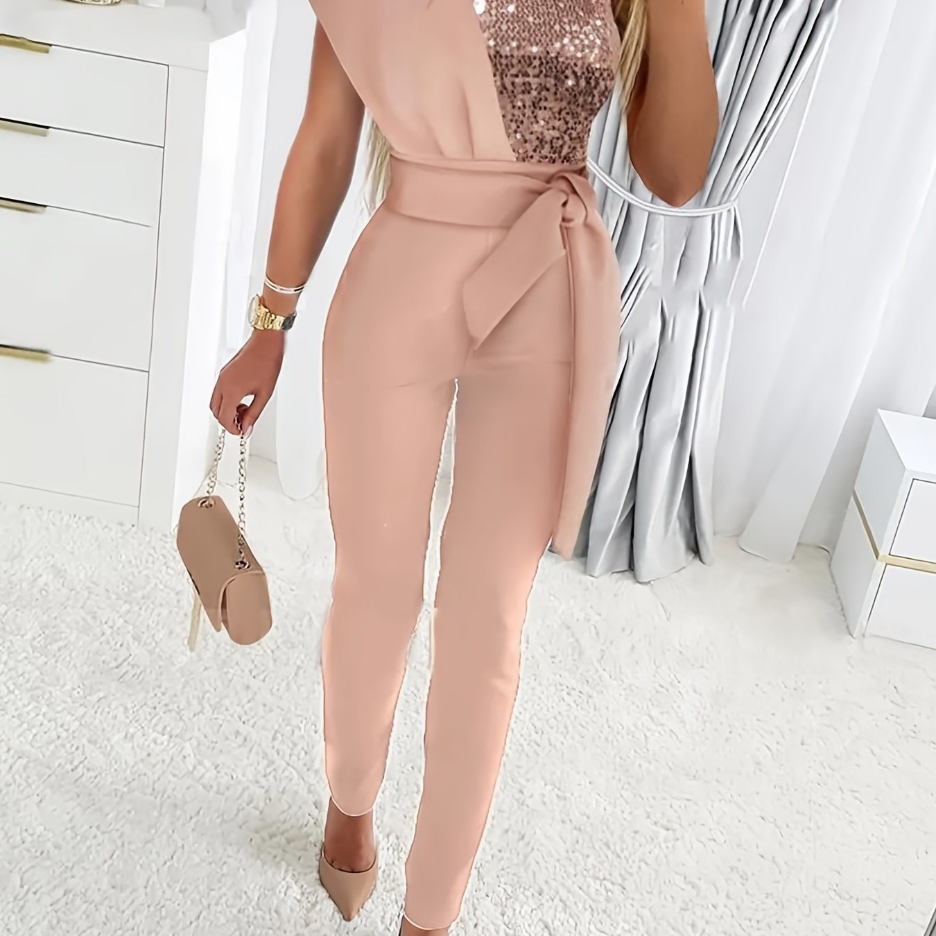 Sequin One Shoulder Jumpsuit; Party Solid Tie Waist Long Length Slim Jumpsuit