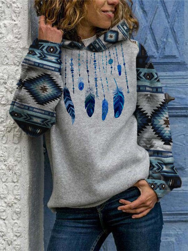 Autumn and winter women's new style hoodie ethnic feather printing casual hooded sweater