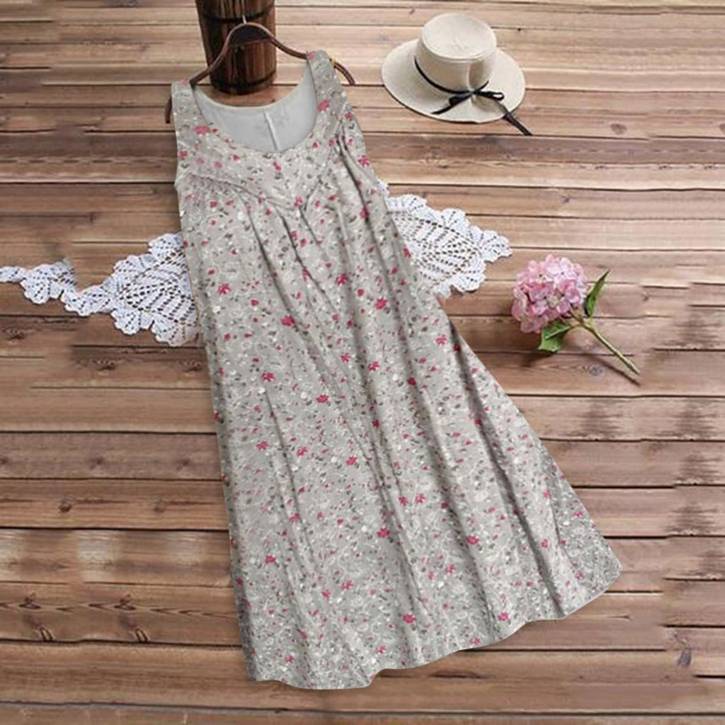 summer new women's round neck sleeveless print vest skirt beach loose dress