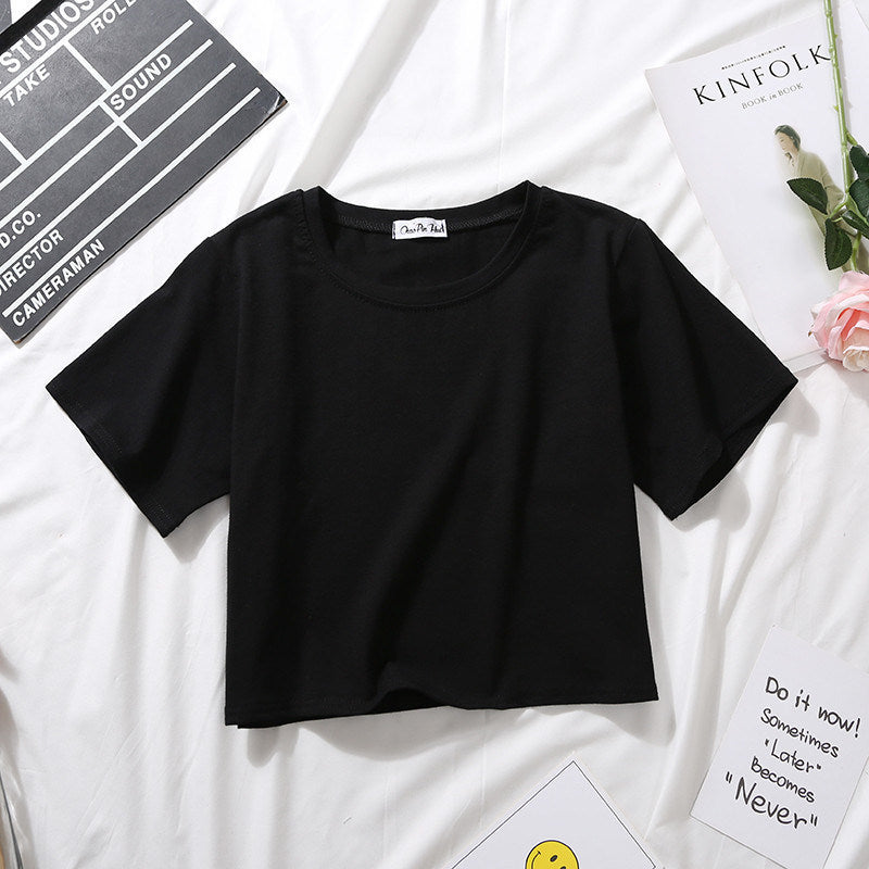 Summer Short Sleeve T Shirts Women Cotton Solid T-shirt O Neck High Waist Crop Top Tee Female Casual Loose T Shirt