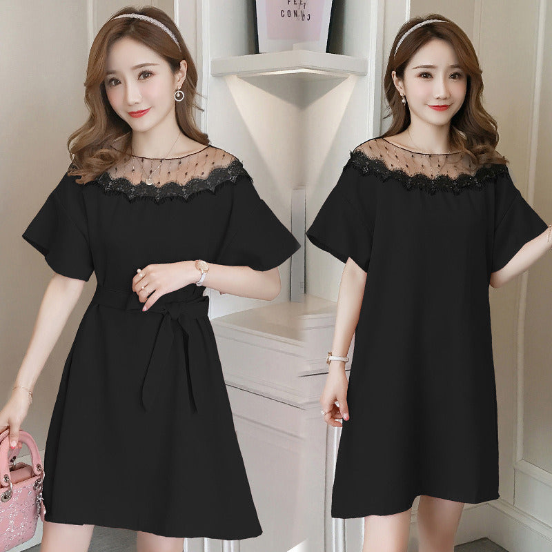 Summer New Women's Slim Straps Stitching Lace Hollow Short-sleeved Dress