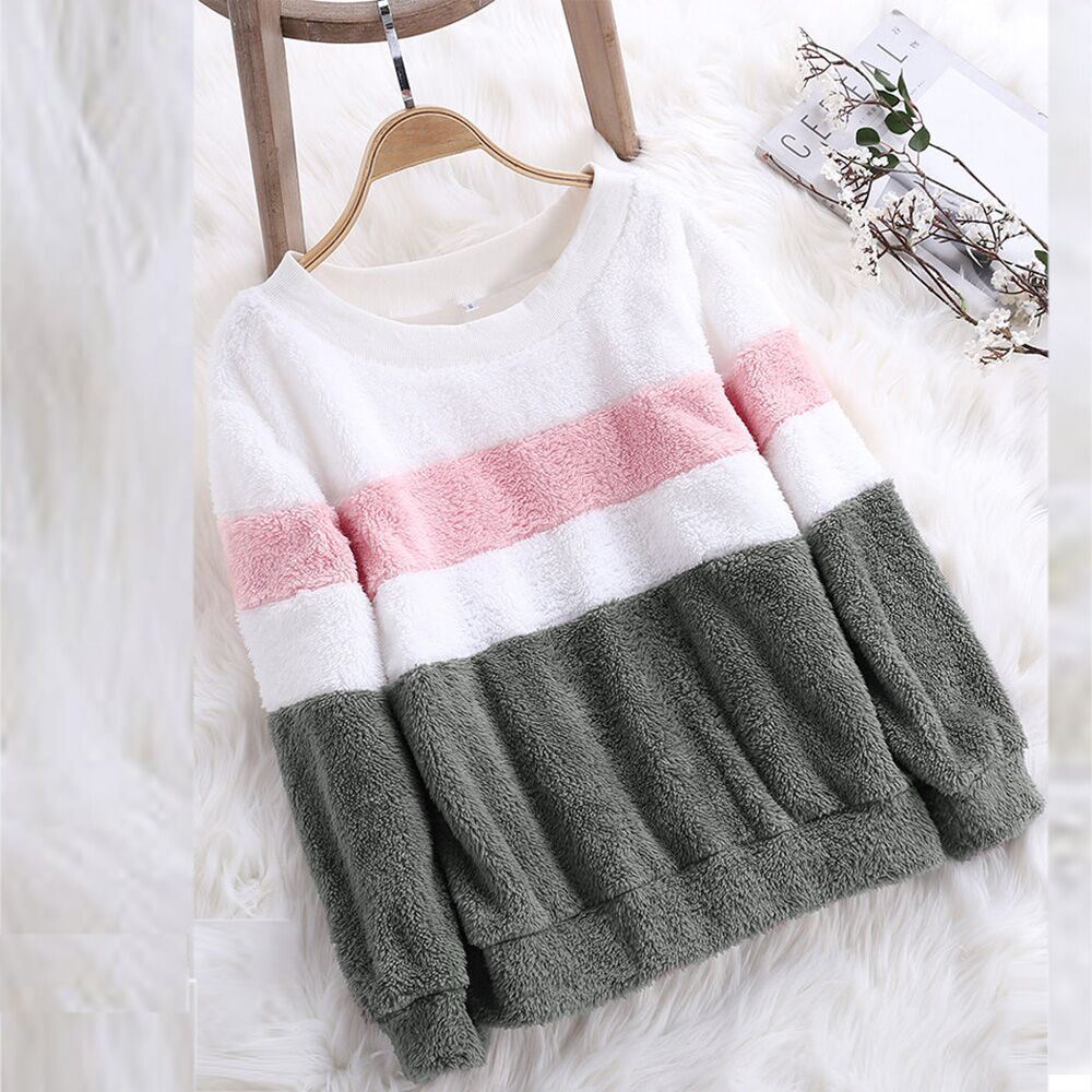 Europe and the United States new striped stitching plus velvet sweater large size loose women's sweater tops