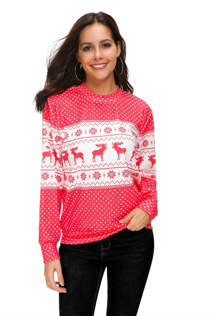 Christmas round neck polka dot Christmas deer print long-sleeved T-shirt sweater