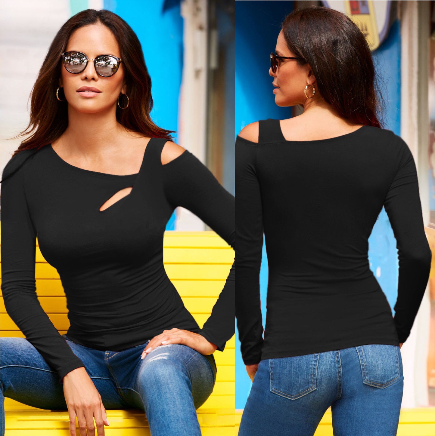 spring and summer new women's diagonal shoulder sexy long-sleeved T-shirt top