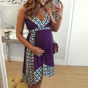 European and American women's new V-neck print stitching strap maternity dress