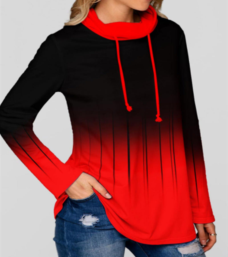 autumn and winter new women's contrast color printing drawstring collar long sleeved sweater