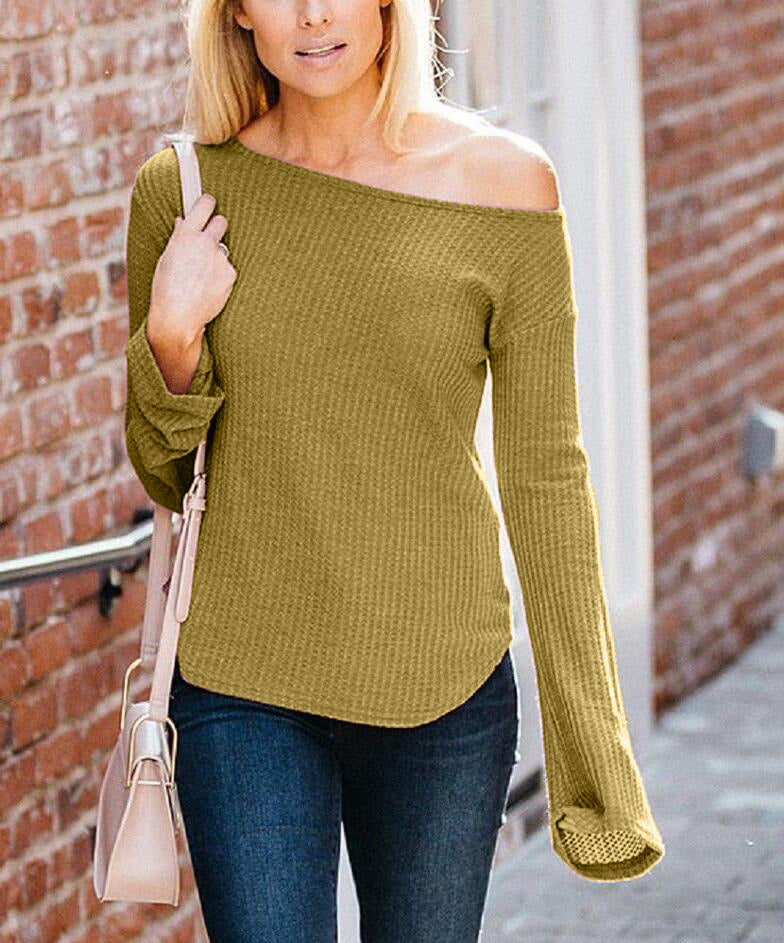 New Autumn Women's Solid Color Flare Sleeve Off Shoulder Top T-Shirt S-3XL