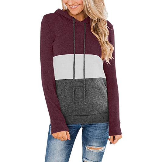 autumn and winter new women's sweater casual sports pure color stitching plus velvet hooded hoodie