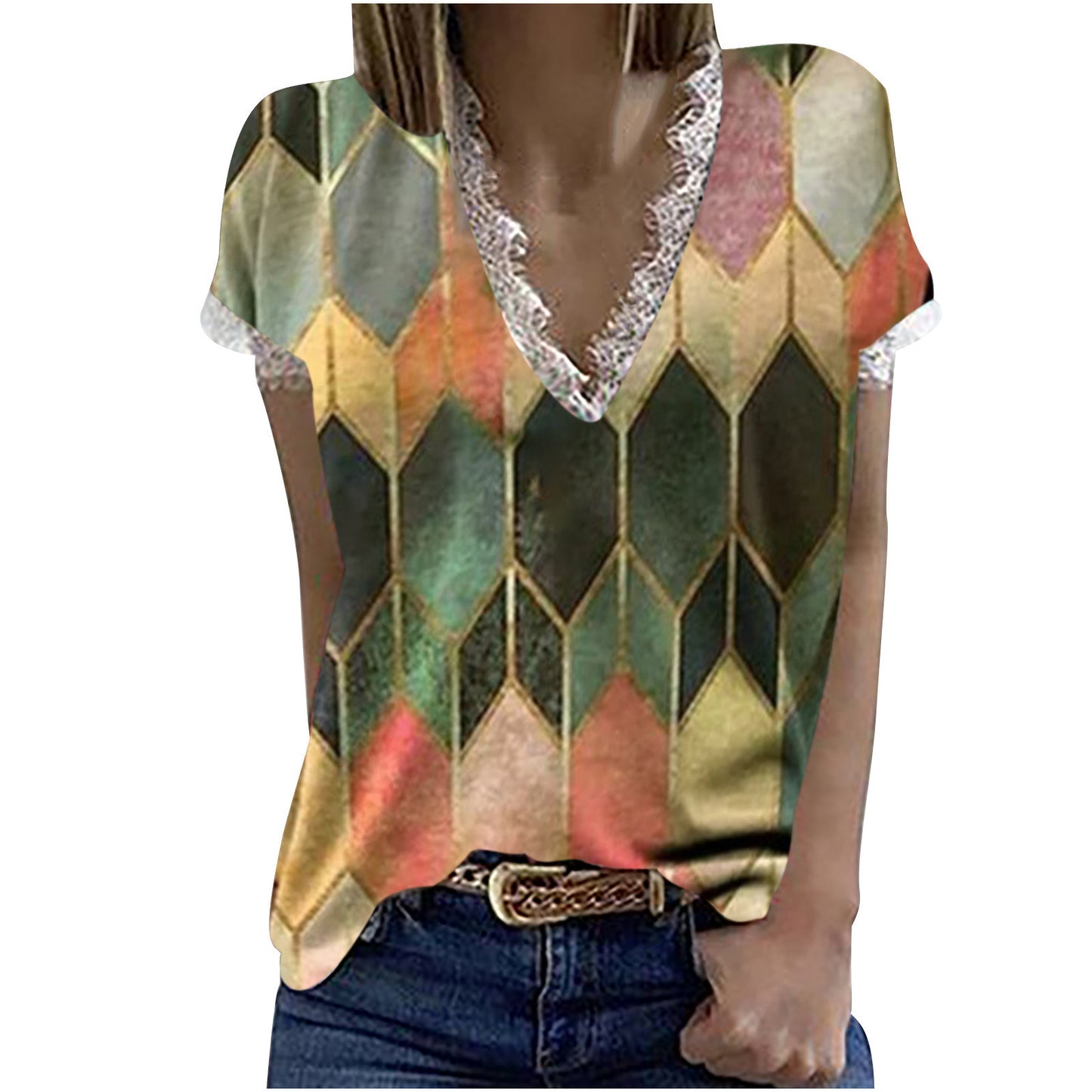 Summer new women's diamond lattice print V-neck lace splicing short-sleeved T-shirt