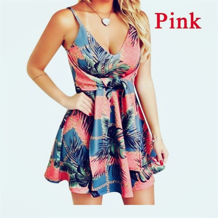 summer women's new sexy fashion V-neck sling sleeveless halter bandage printed swing dress