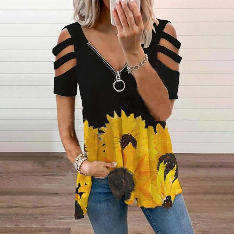 Women's New T-shirt V-neck Zipper Pullover Print Short Sleeve Loose T-shirt Top