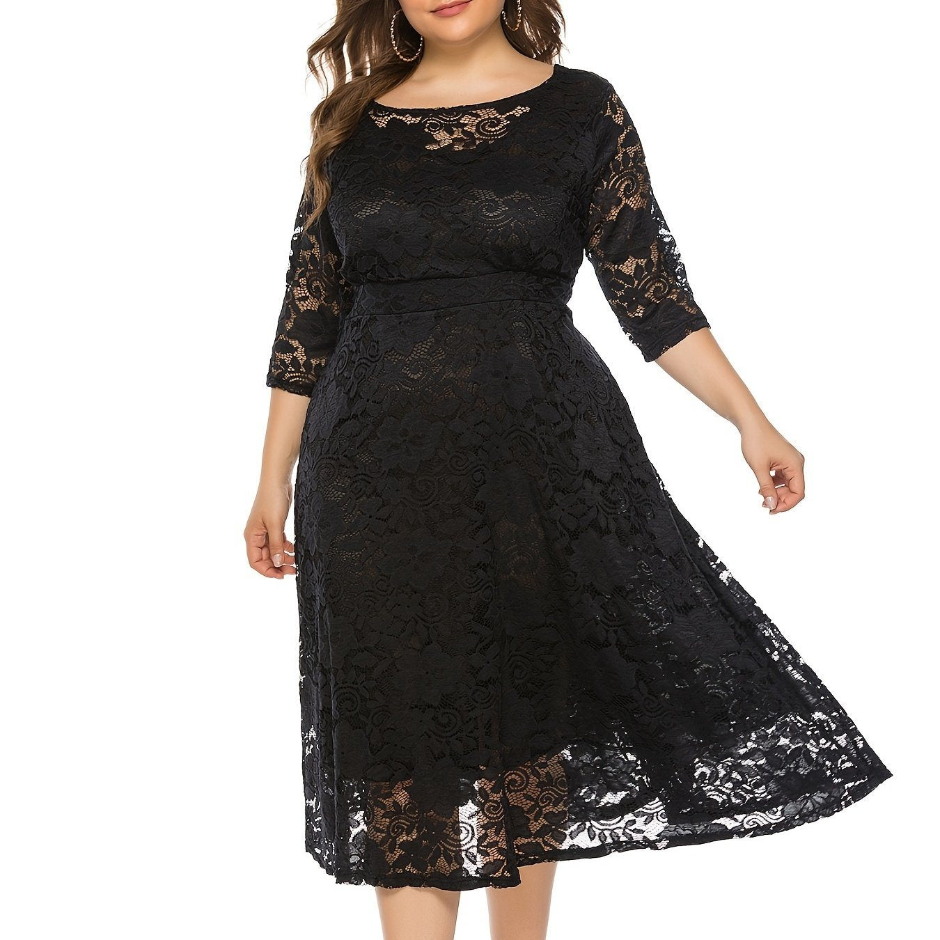 Plus Size Contrast Lace Half Sleeve Semi Sheer Midi Prom Dress; Women's Plus Elegant Party Dress For Wedding