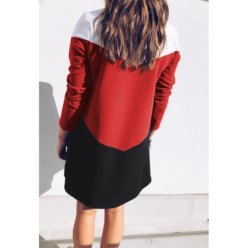 Women Autumn Loose Mini Dress Sexy Shirt Dress Casual Long Sleeve Sweater Dress Ladies Fashion Tops Splice Color Dresses Roll Pull