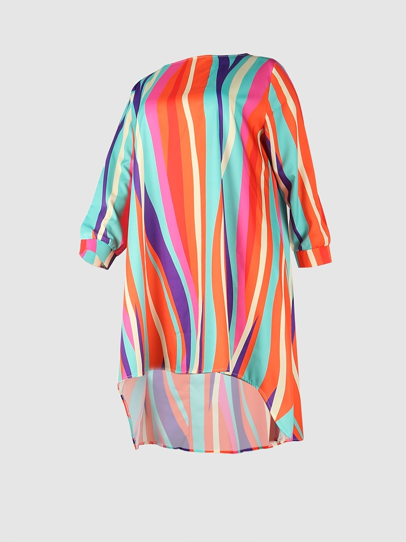 Plus Size Rainbow Striped Loose Fit Maxi Dress; Women's Plus Casual Round Neck Dress