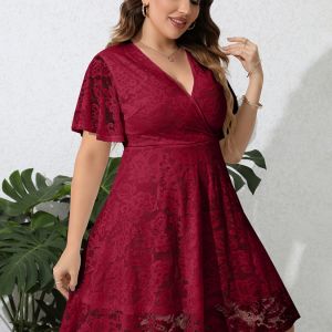 Plus Size Contrast Lace V Neck Ruffle Hem Midi Dress; Women's Plus Medium Stretch Elegant Bridal Wedding Dress