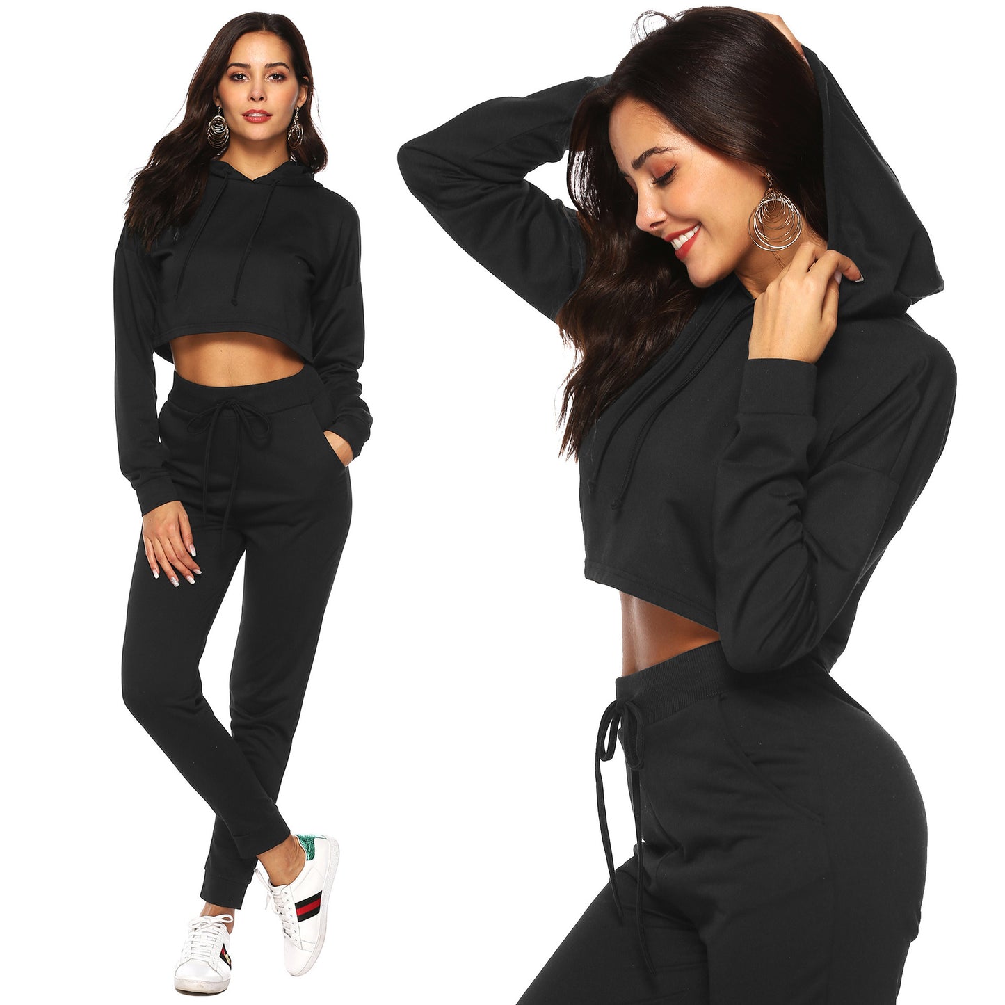 Autumn and Winter Suit Casual Sports Hooded Sweater Exposed Navel Two-piece Female