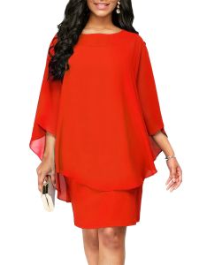 Plus Size Solid Round Neck 3/4 Sleeve Cape Midi Dress; Women's Plus Elegant Slight Stretch Cape Midi Dress