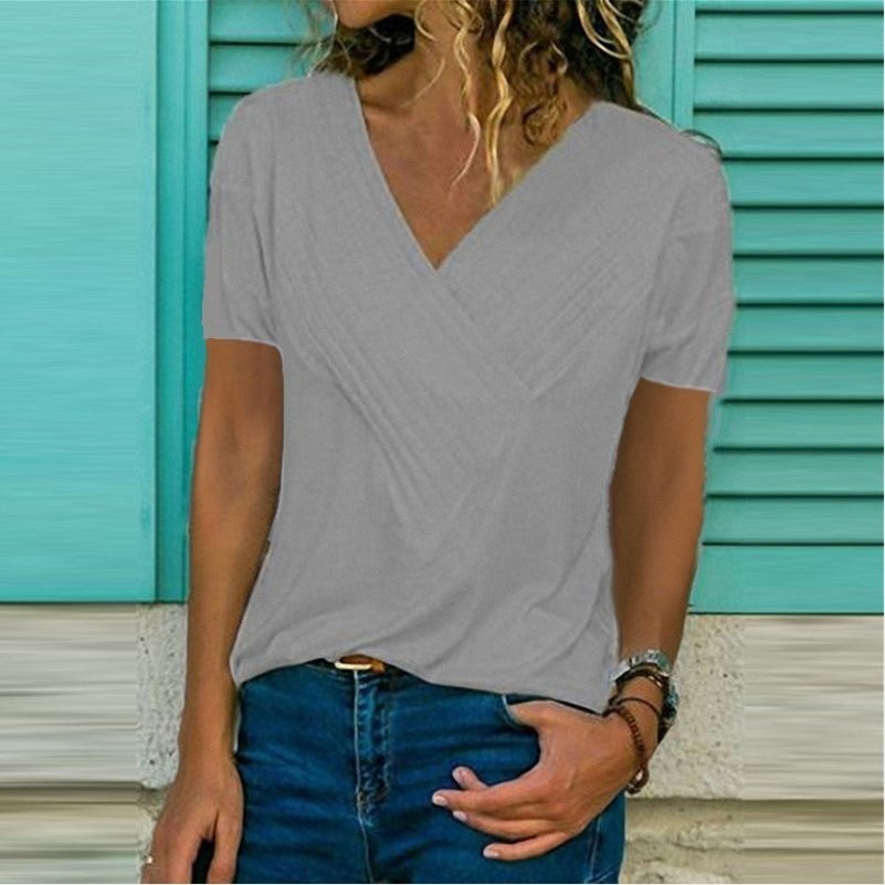 Spring and Summer New Hot Sale Slim Stitching V-neck Short-sleeved Solid Color T-shirt Female