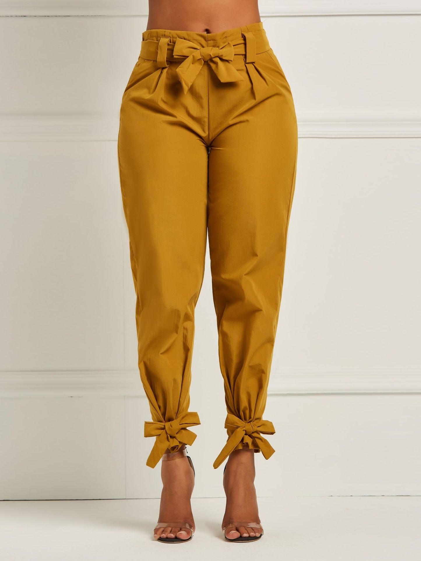 Solid Bowknot Loose Pencil Pants; Mature High Stretch High Waist Pants For Spring & Fall