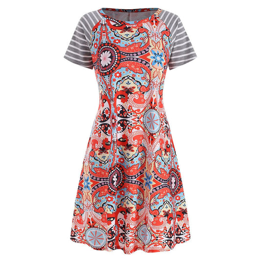 European and American summer women's new round neck print raglan sleeve dress