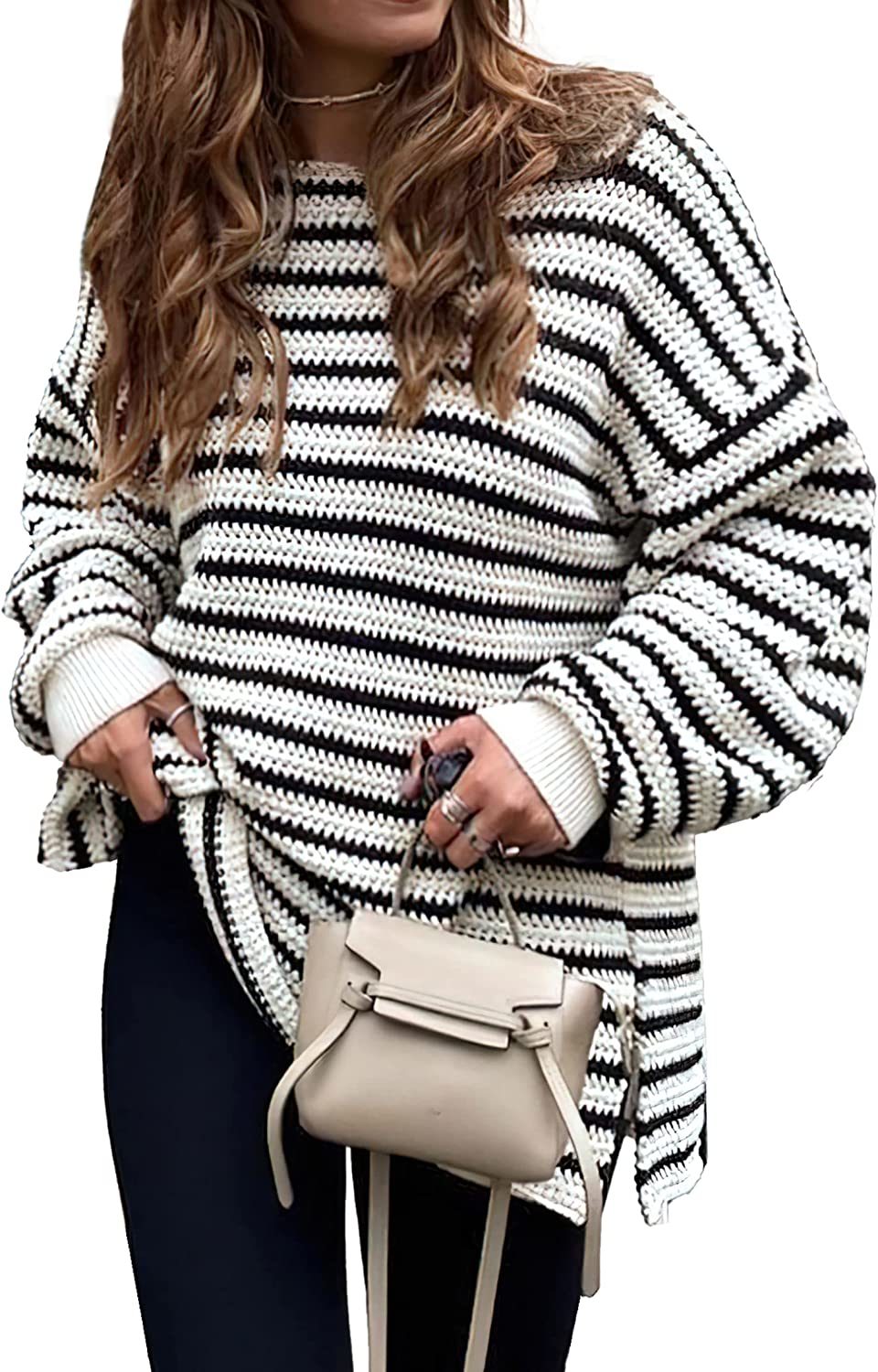 2023 Fall Winter Women's Oversized Long Sleeve Striped Sweater Casual Crewneck Side Split Pullover Knit Tops