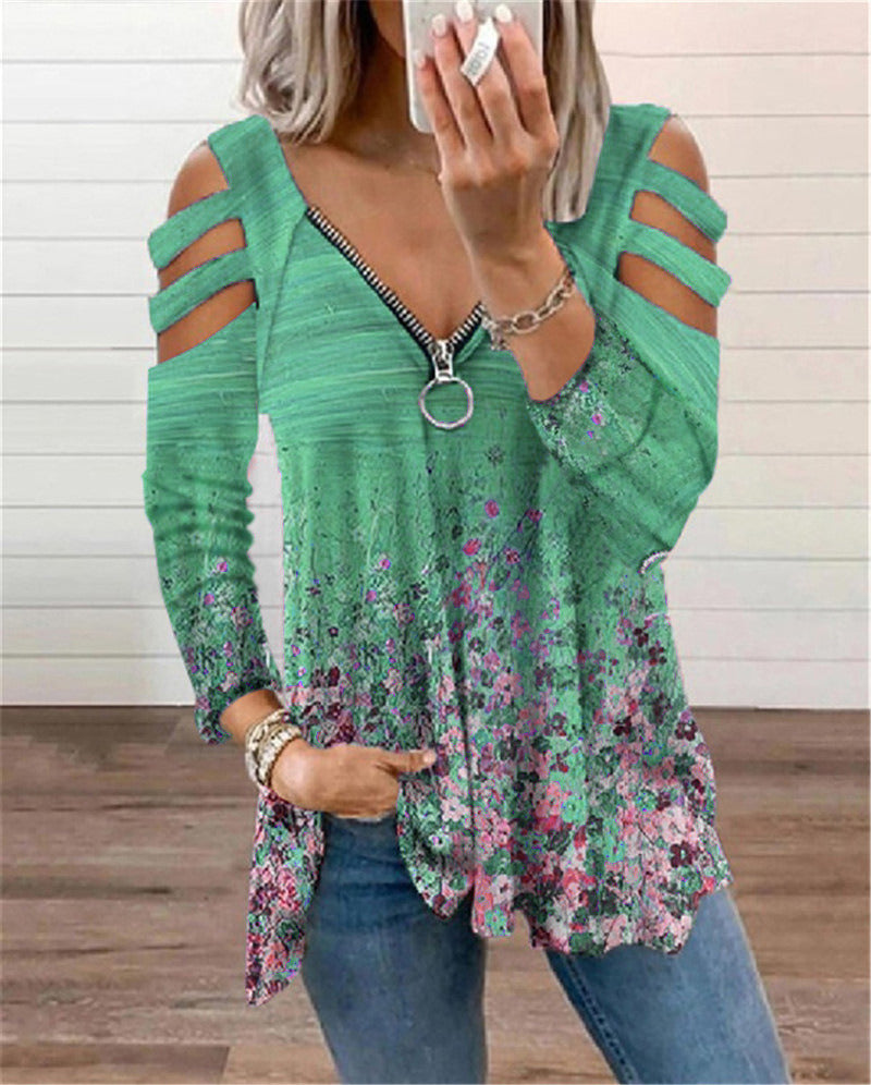 Autumn and Winter Women's Clothing V-neck Small Floral Zipper Long-sleeved Loose T-shirt Top