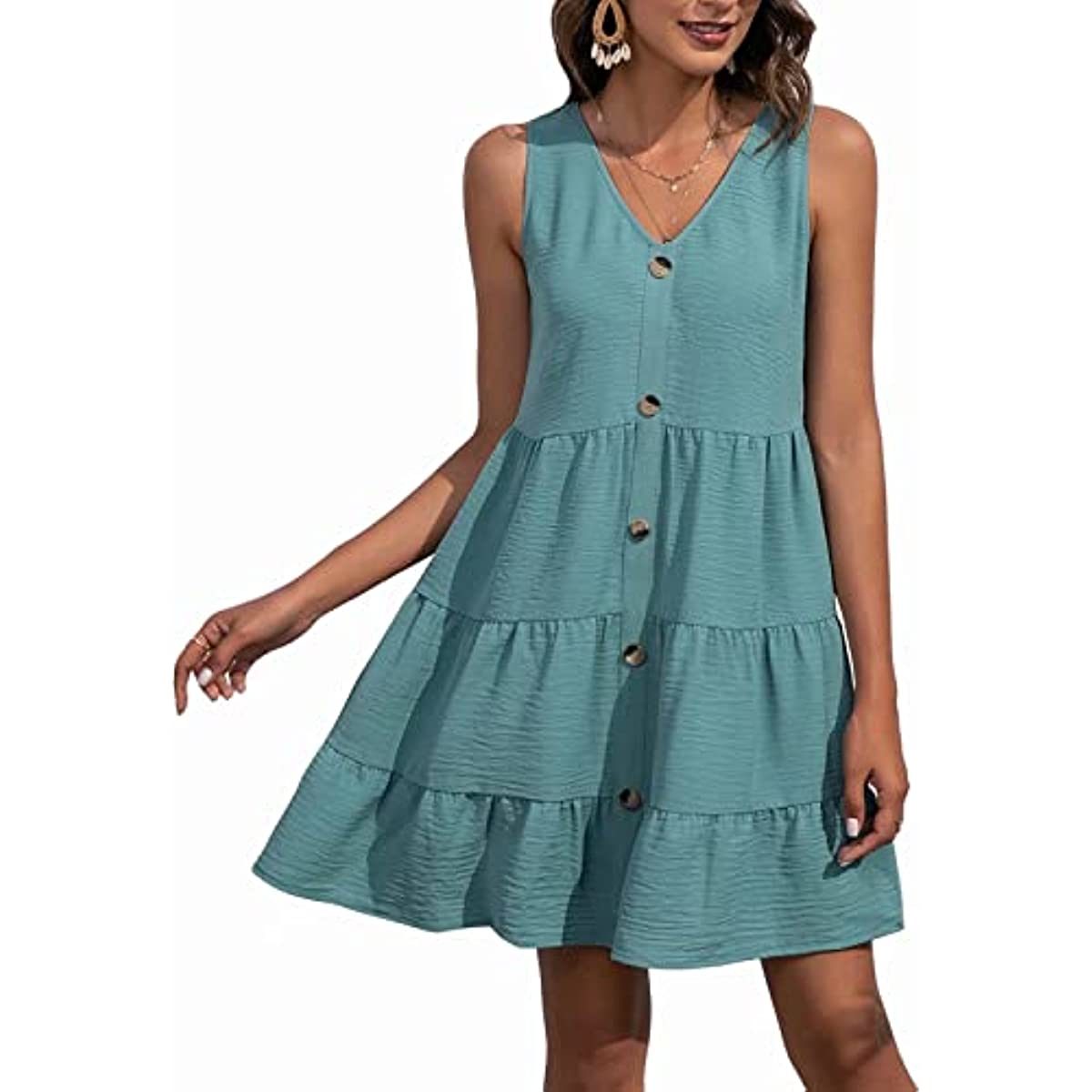 Kotiera Women's Summer Sleeveless V Neck Button Down Casual Swing Tunic Dress