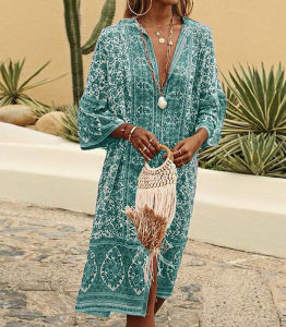 Spring and Summer Fashion V-neck Button-up Printed Dress Loose Cardigan Women's Dress