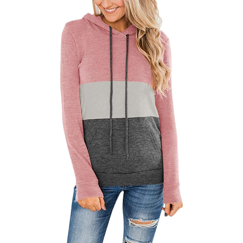 autumn and winter new women's sweater casual sports pure color stitching plus velvet hooded hoodie