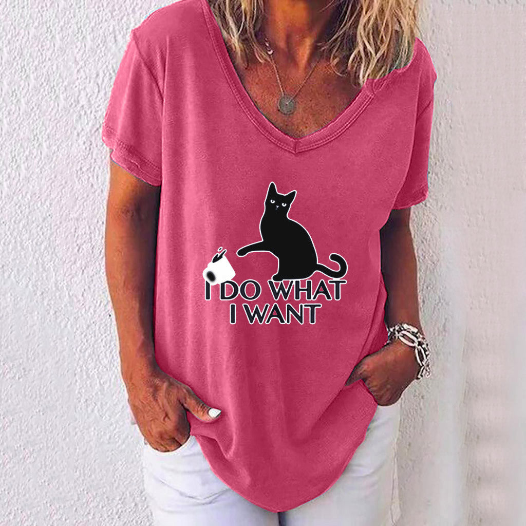 Summer new cat print V-neck short-sleeved women's T-shirt