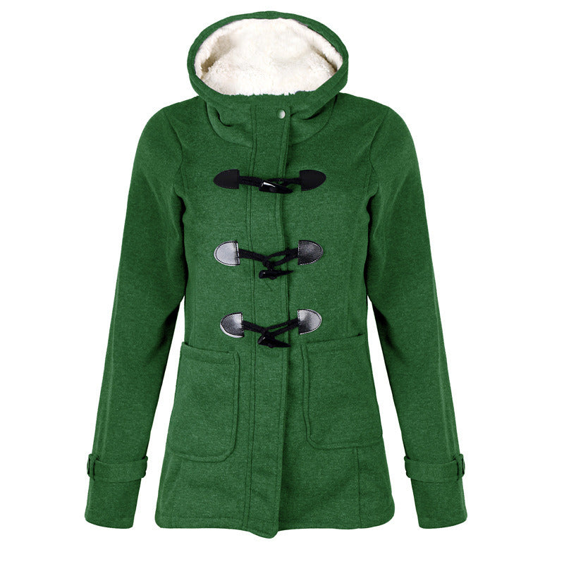 Autumn and Winter New Thicken Large Size Horn Buckle Hooded Woolen Coat Women's Clothing