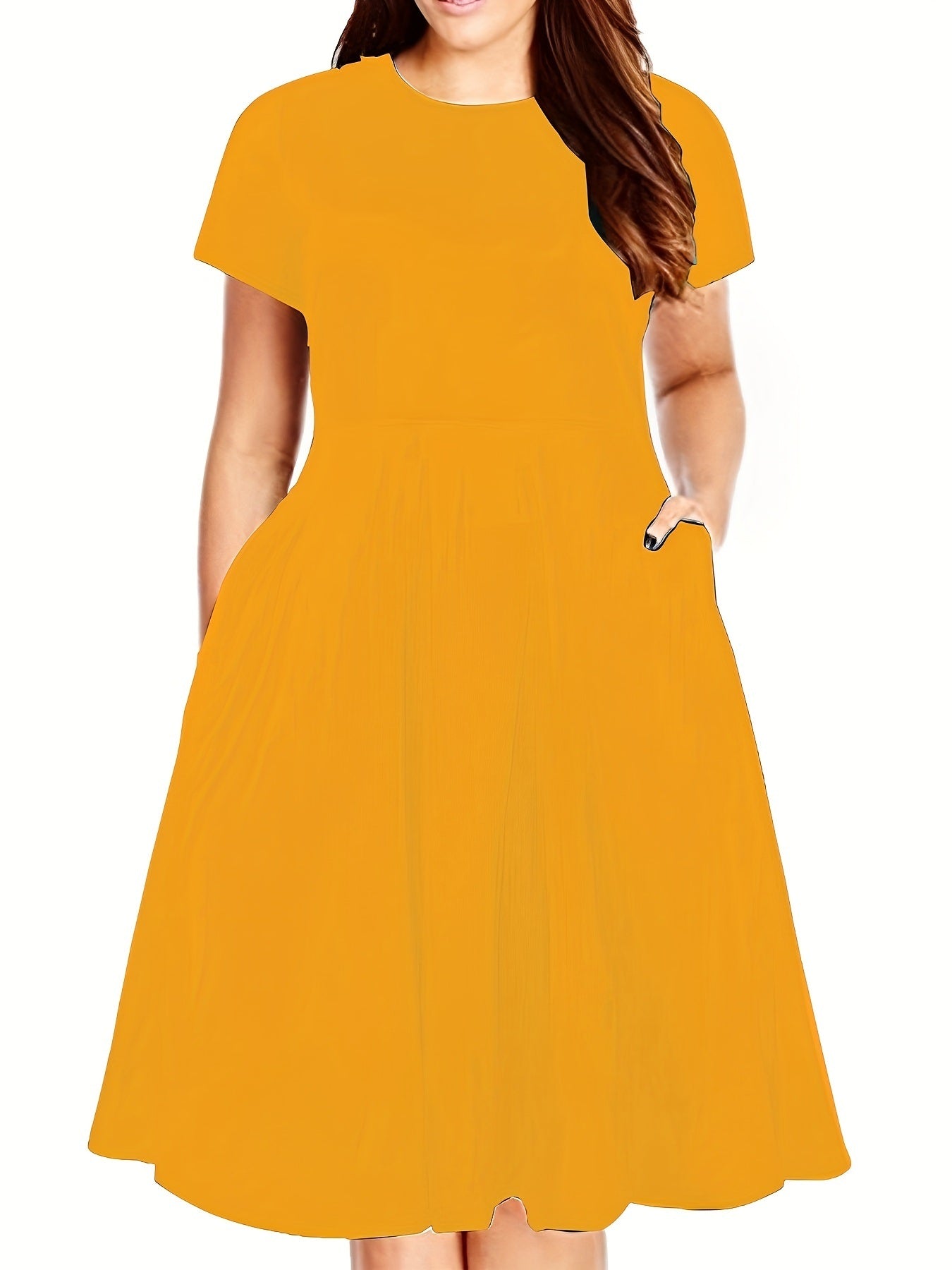 Plus Size Solid Short Sleeve Midi Dress With Pocket; Women's Plus Medium Stretch Fashion Midi Dress