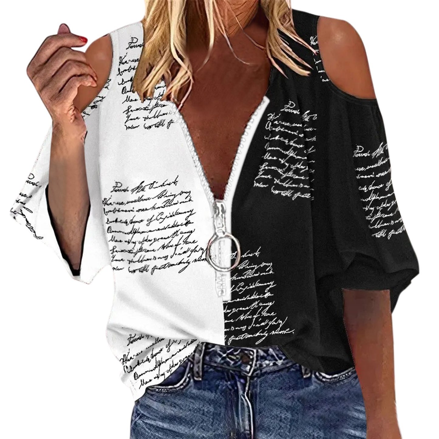 Elegant Off Shoulder Shirt Blouse Women Casual Letter Print V Neck Zipper Tops Patchwork Loose Shirt Top Long Sleeve Blouse