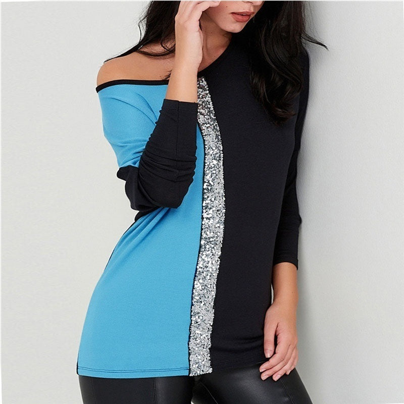 Women Long Sleeve Fashion Sequins Patchwork T Shirt Female Tshirt Autumn Casual Loose Tops Tee Shirt Femme Plus Size