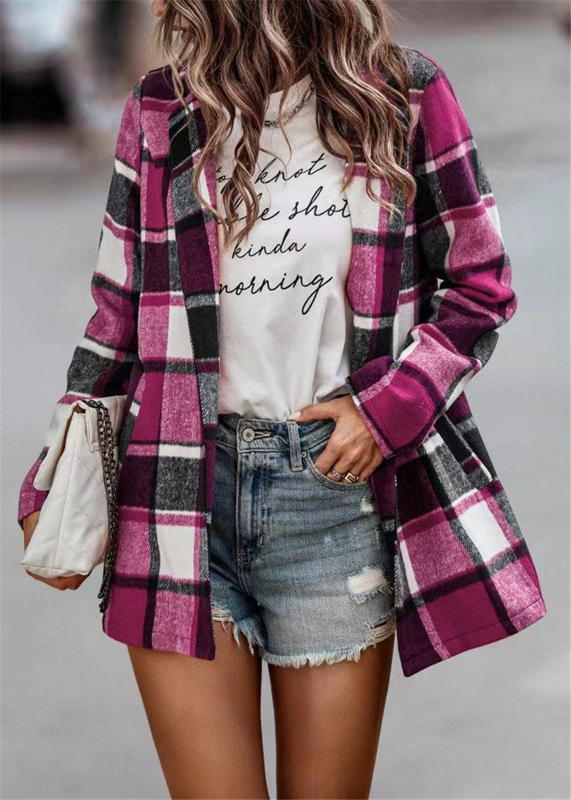 Autumn and winter 2022 women's loose check print long sleeve pocket woolen jacket cardigan top