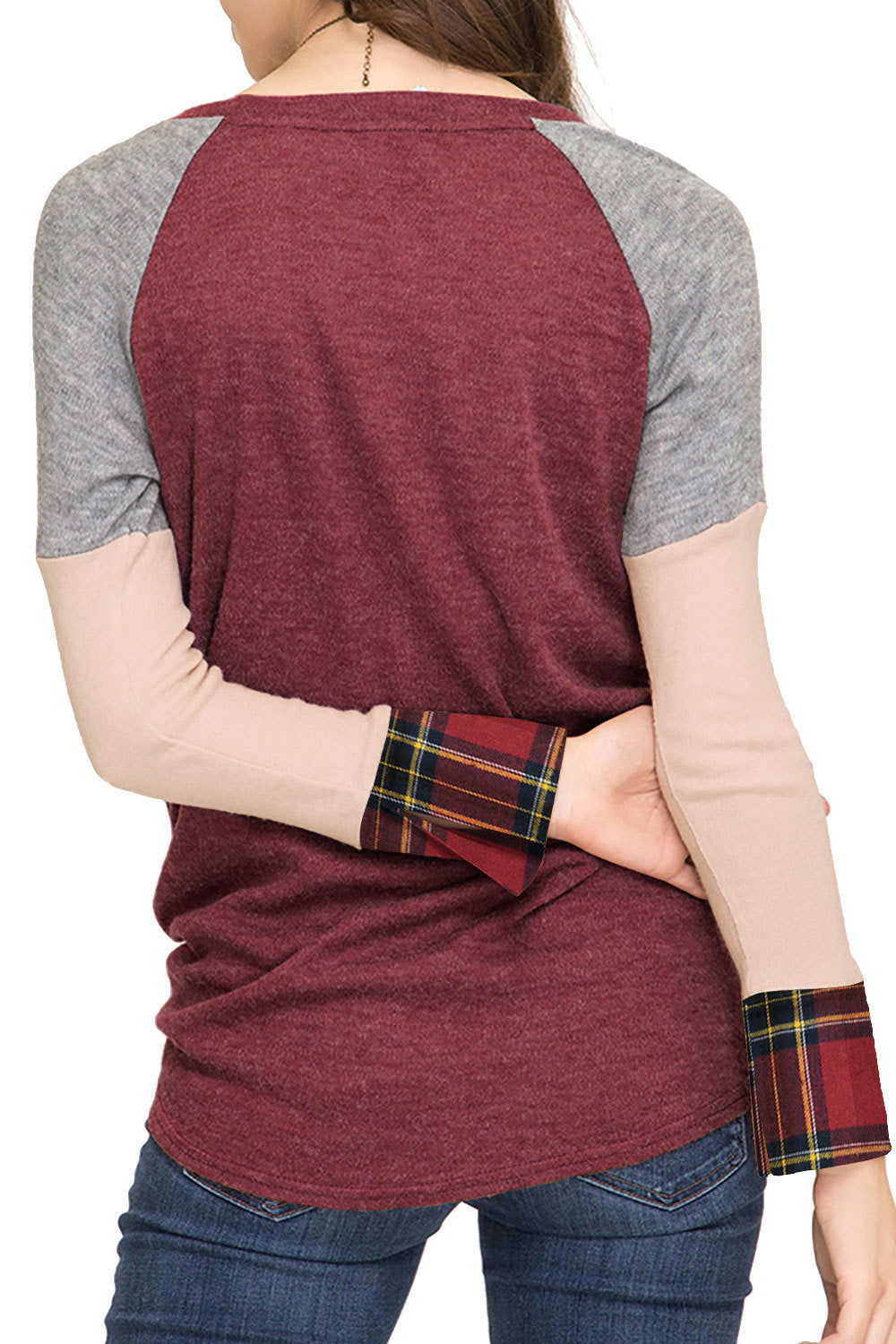 autumn and winter new European and American women's plaid stitching hem knotted T-shirt top