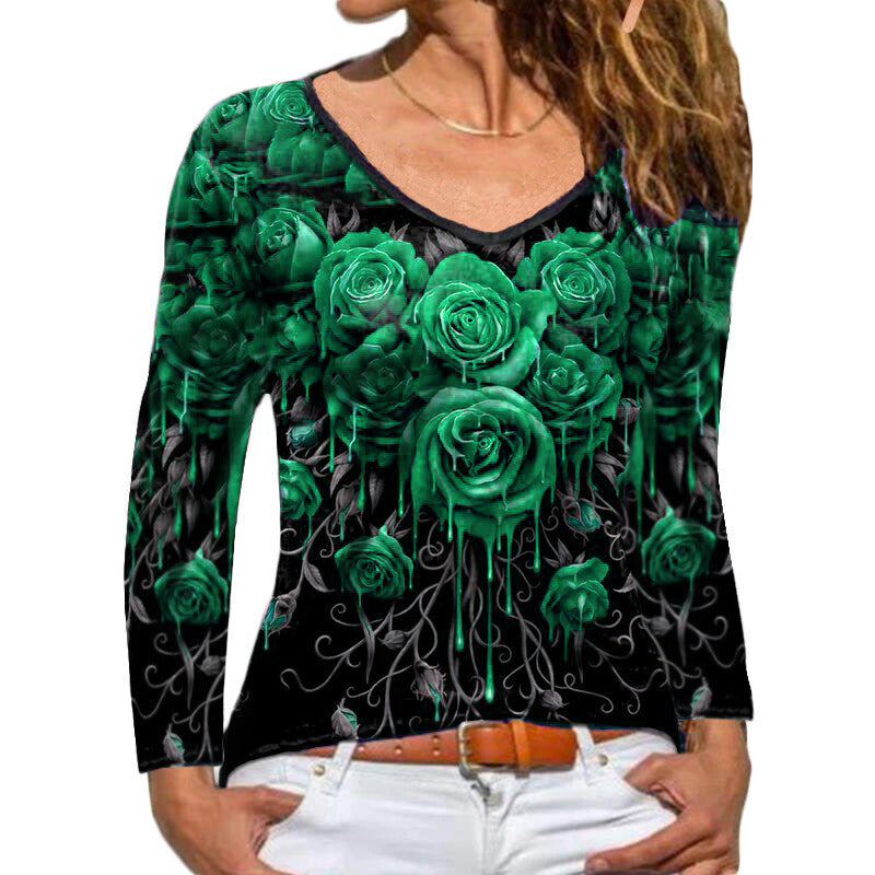 New Fashion Rose Printing V-Neck T-Shirt Female Splice Casual Loose Large Size Long Sleeve Cotton Tee Tops For Autumn